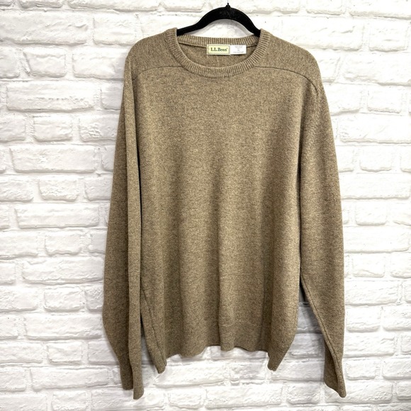 Vtg L.L. Bean Men's XLT Khaki Brown 100% Lambswool Sweater Made In Scotland Nice